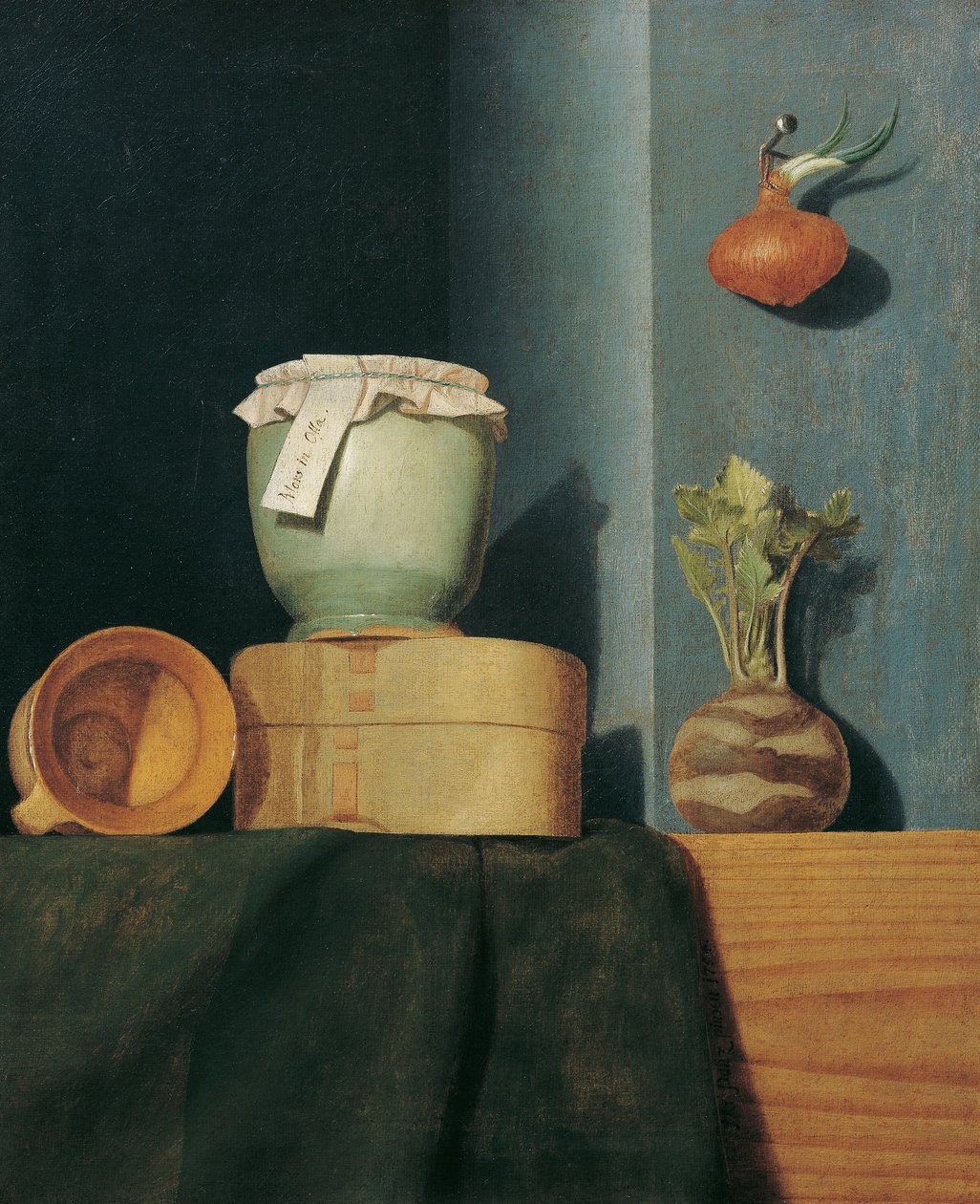 Nature morte avec ustensiles de cuisine, oignon et chou-rave - Anna Maria Punz