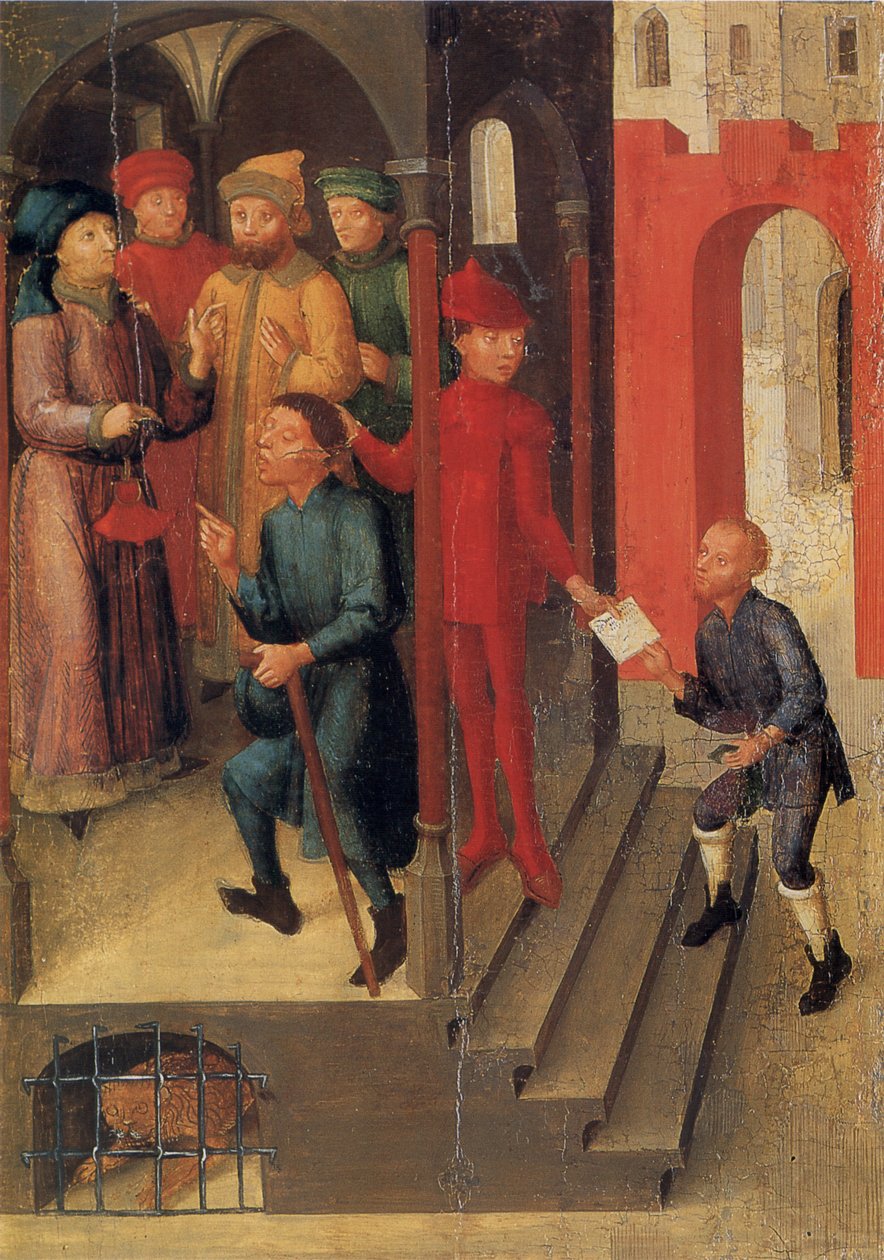 Tableau du Saint-Sang de Weingarten de 1489. Landesmuseum Württemberg, Stuttgart. Tableau 10 : Adilbero annonce la révélation divine aux notables de Mantoue (selon la légende en 1048) - Unknown