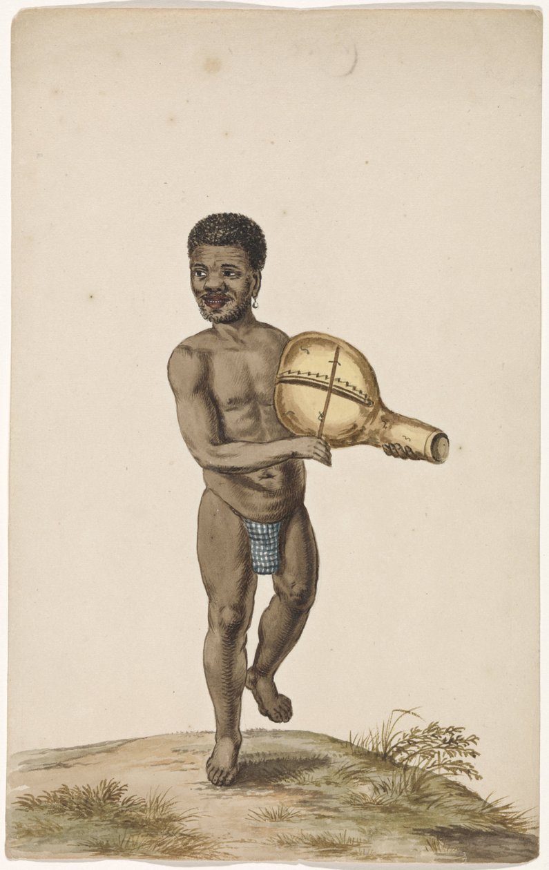 Homme africain jouant de la musique avec un instrument en calebasse - Anonymous
