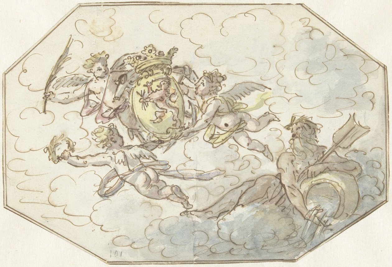Allégorie avec putti avec arme et dieu de la rivière - Anonymous