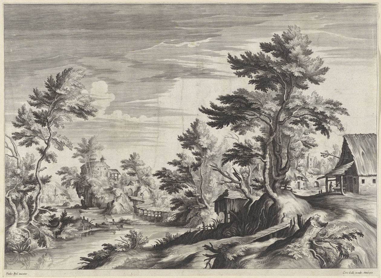 Paysage fluvial boisé avec quelques bâtiments - Anonymous