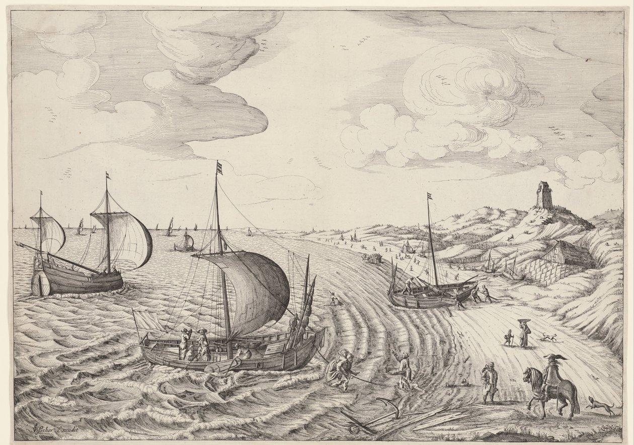 Paysage côtier avec bateaux de pêche - Anonymous