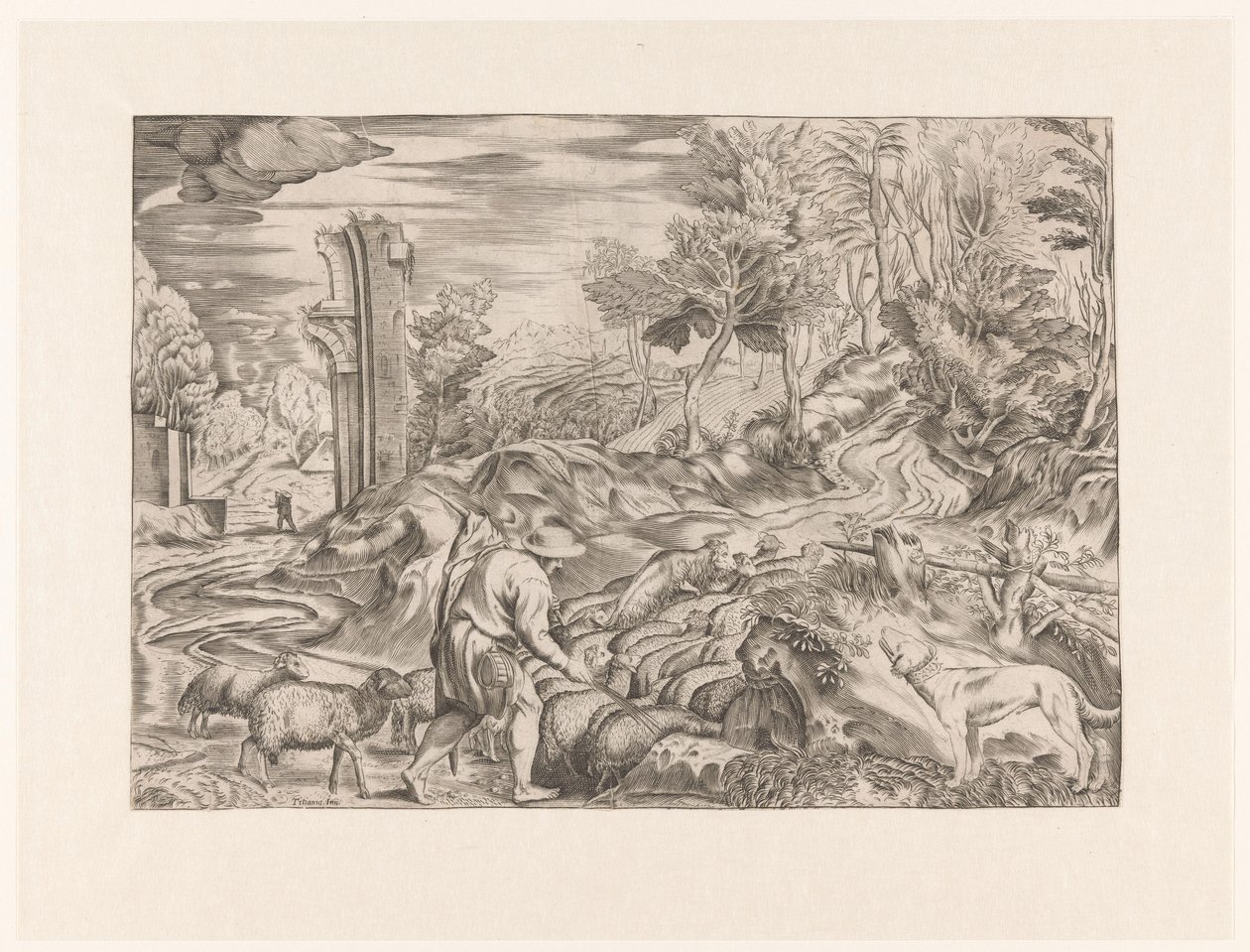 Berger avec troupeau de moutons - Anonymous