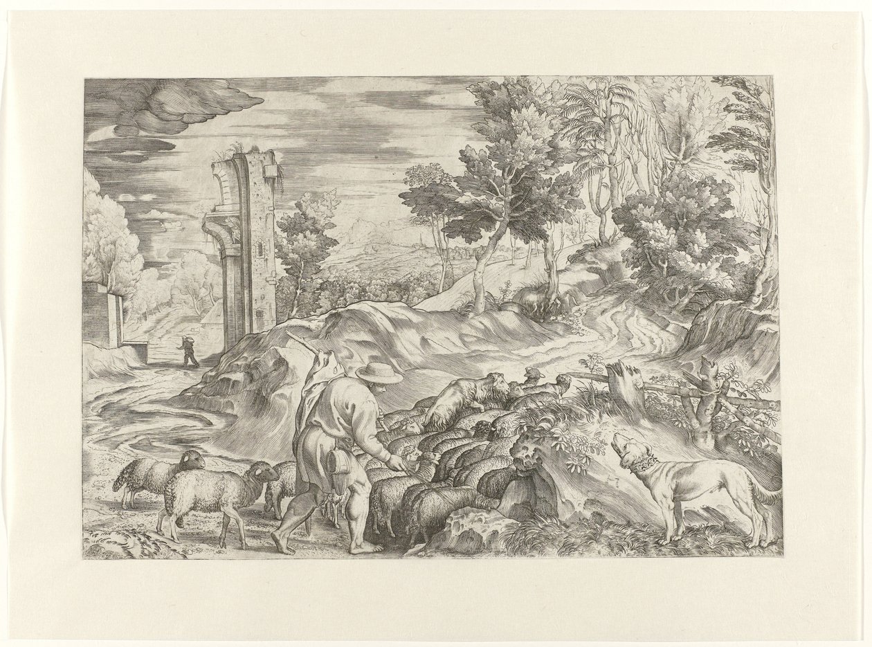 Berger avec troupeau de moutons - Anonymous