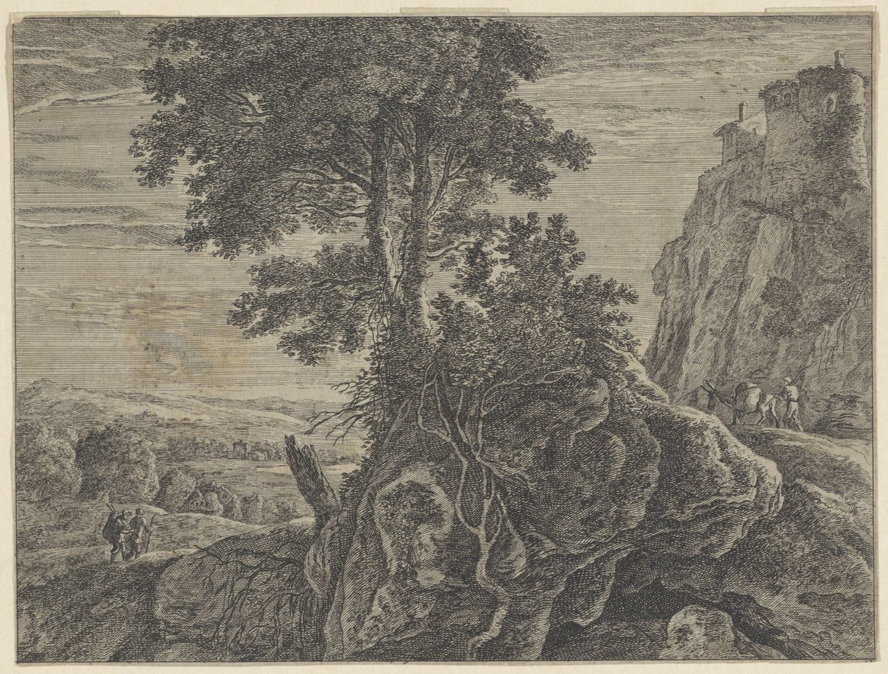 Paysage avec un bâtiment sur un rocher - Anonymous