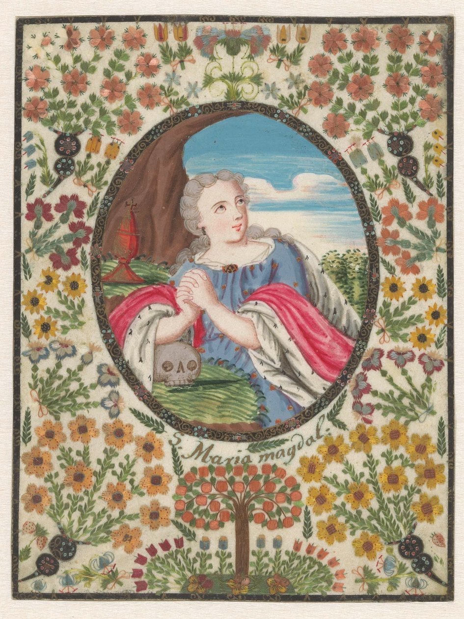 Marie Madeleine dans un ovale avec une bordure de fleurs autour - Anonymous