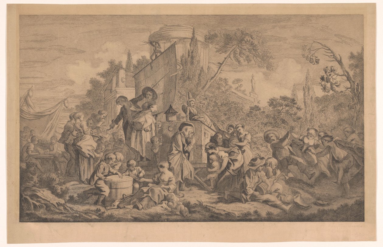 Scène de marché avec un chanteur de rue et un théâtre optique - Anonymous