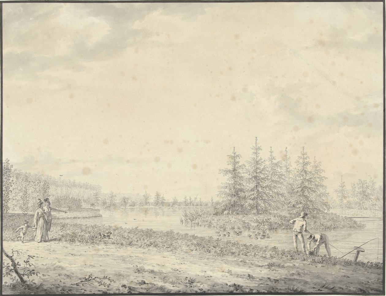 Paysage de parc avec promeneurs et pêcheurs - Anonymous