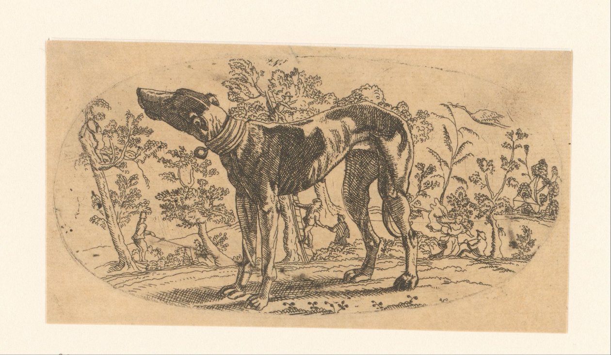 Chien debout devant un paysage - Anonymous