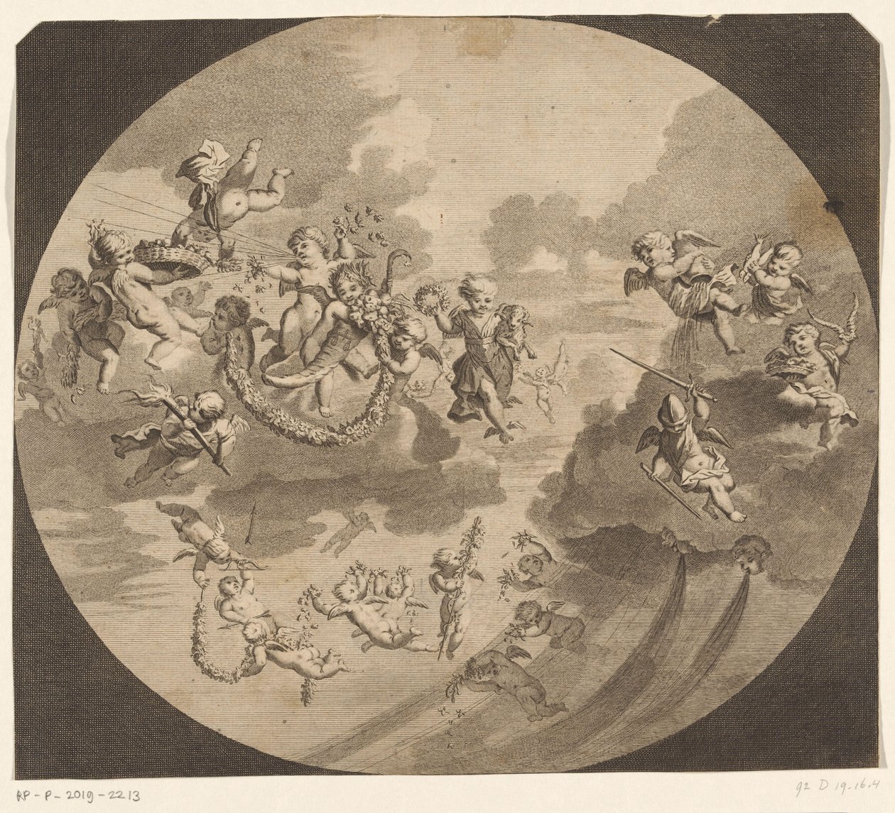 Putti volants avec des couronnes de fleurs - Anonymous