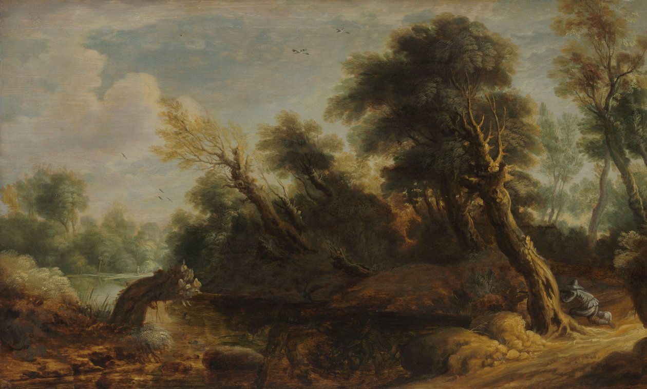 Paysage boisé avec un chasseur au bord d