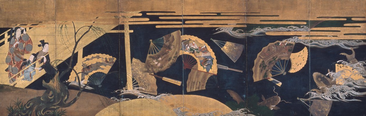 Femme admirant des éventails flottants, Époque Edo - Anonymous Anonymous