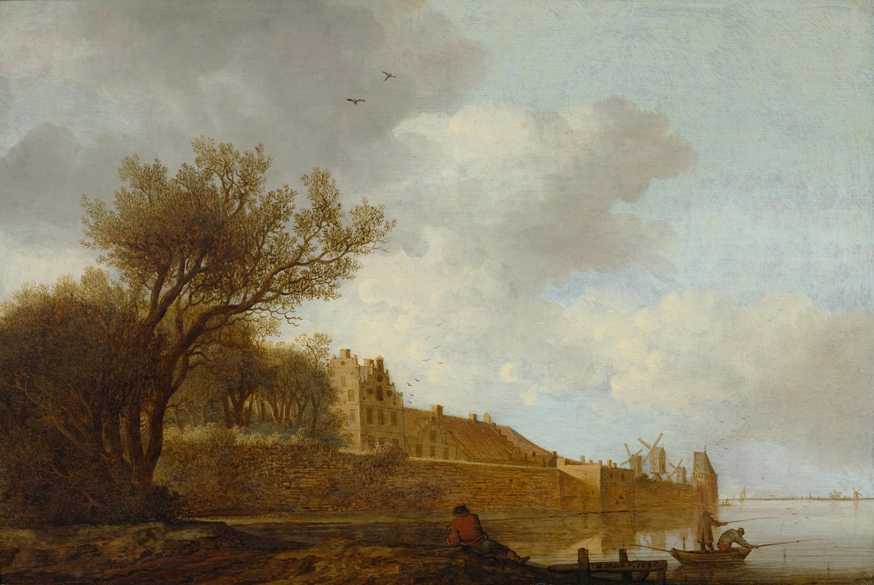 Embouchure de la rivière avec pêcheur devant une ville - Anthonie Jansz. van der Croos  