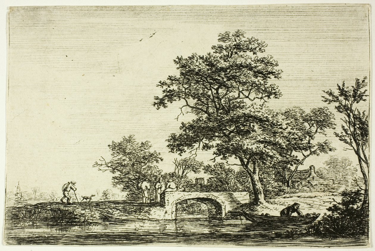 Quatre hommes sur un pont de pierre - Anthonie Waterloo