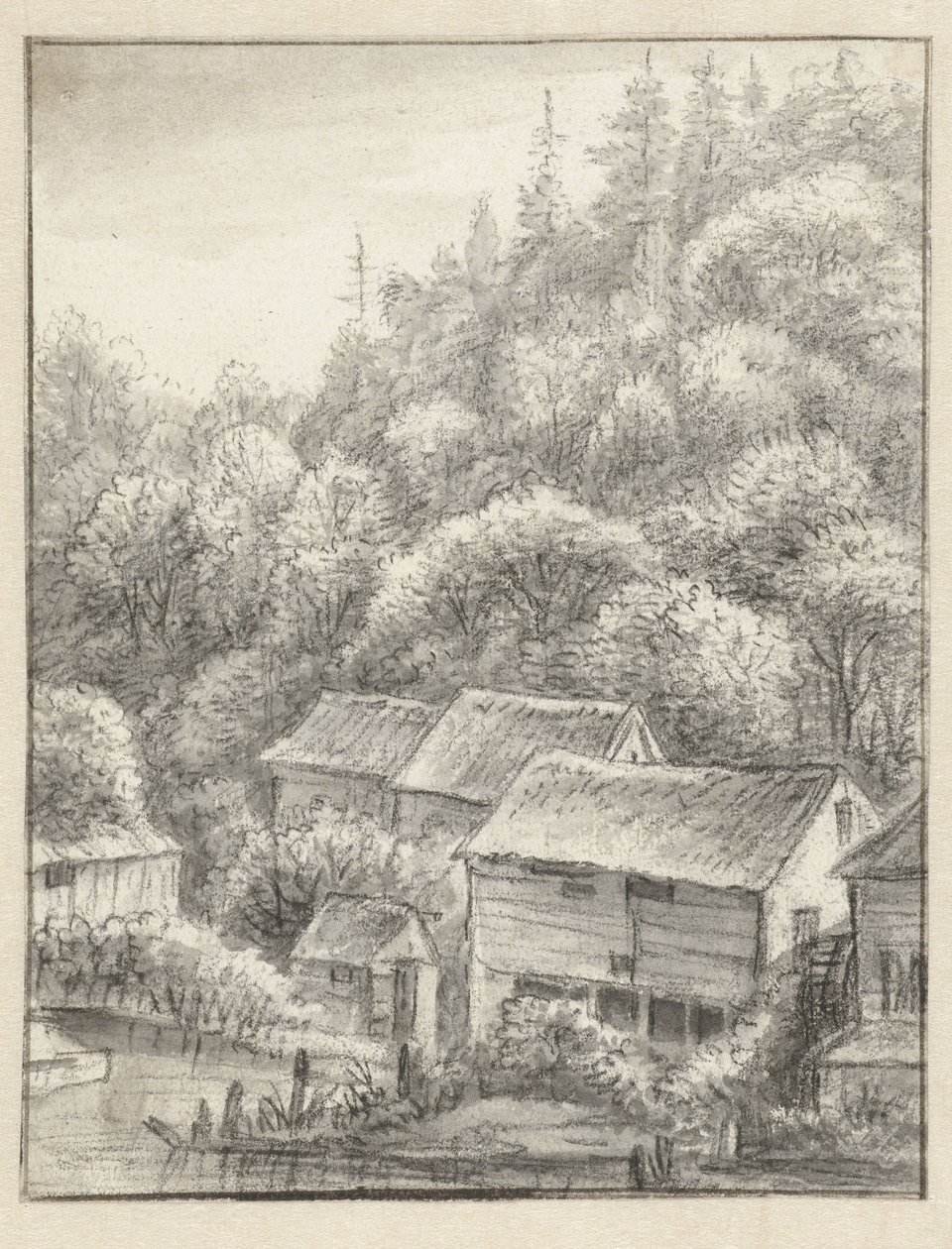 Maisons contre une colline boisée - Anthonie Waterloo