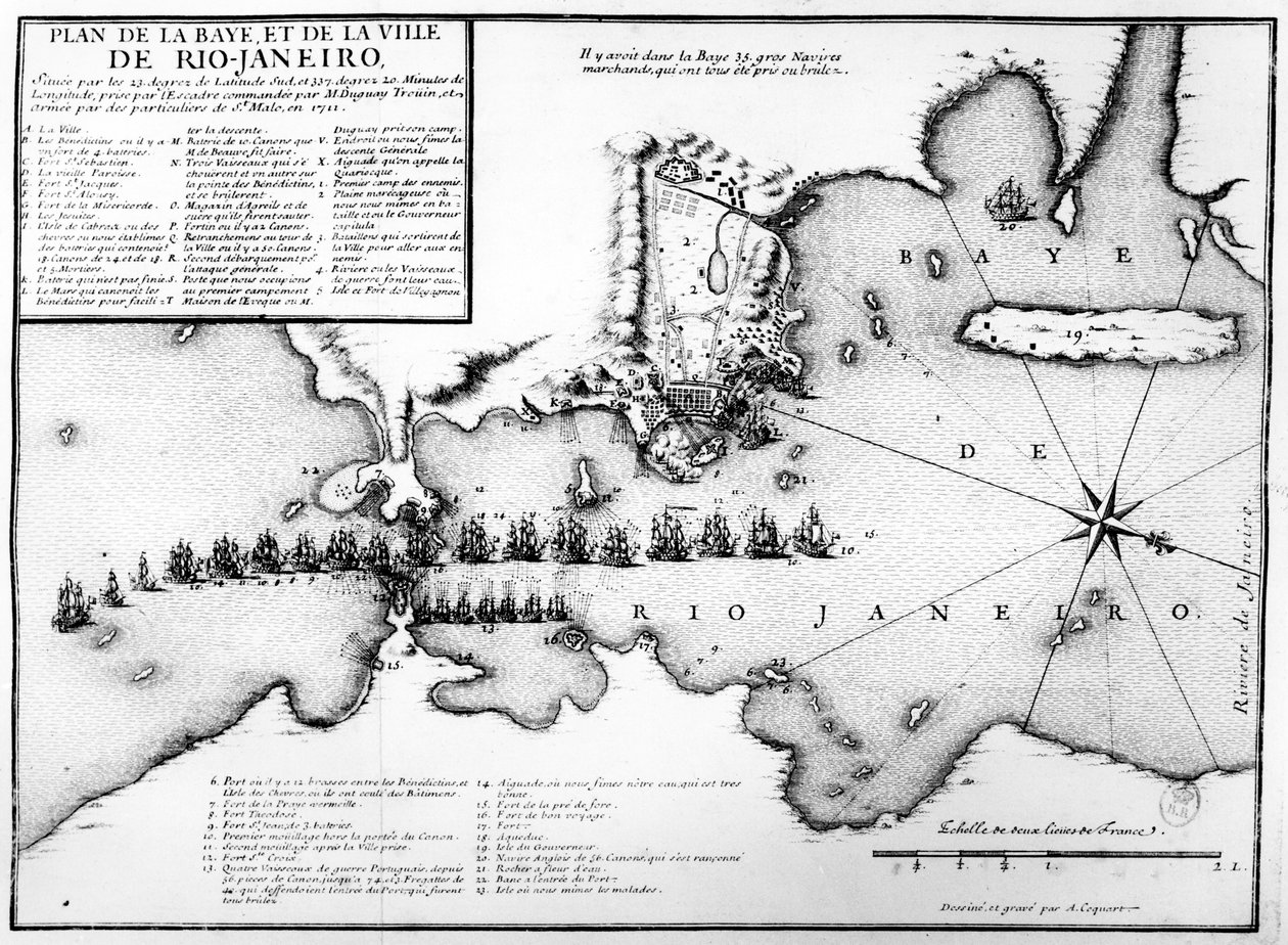 Plan de la baie et de la ville de Rio de Janeiro et disposition des forces navales françaises et portugaises lors de l