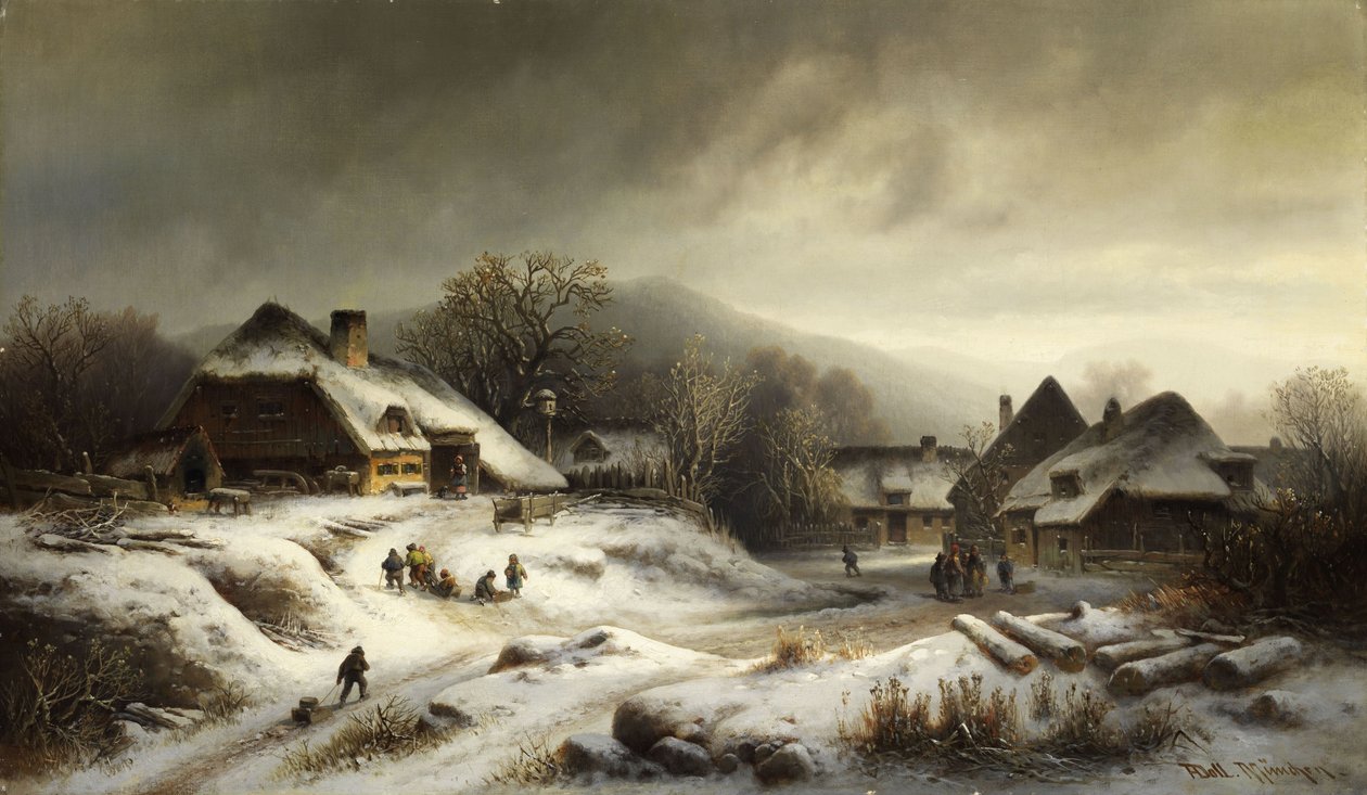 Paysage de village enneigé au crépuscule - Anton Doll