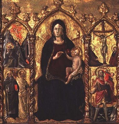 Triptyque : Madone et Enfant (panneau central) avec des saints et une scène de la Crucifixion - Arcangelo di Cola da Camerino
