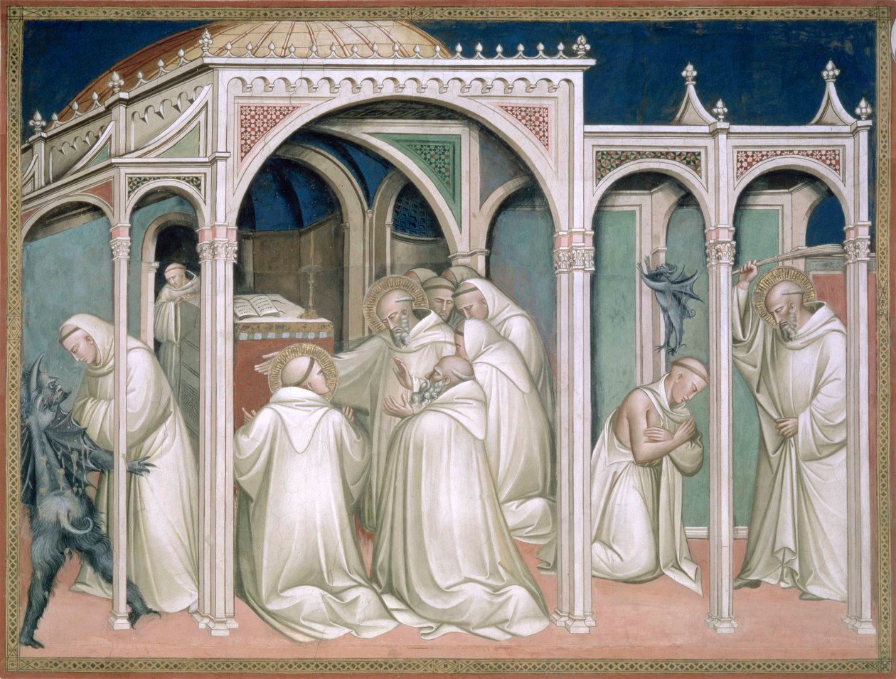 Le Saint libère un moine possédé, détail de la Vie de Saint Benoît, dans la sacristie, 1387 - Aretino Luca Spinello or Spinelli