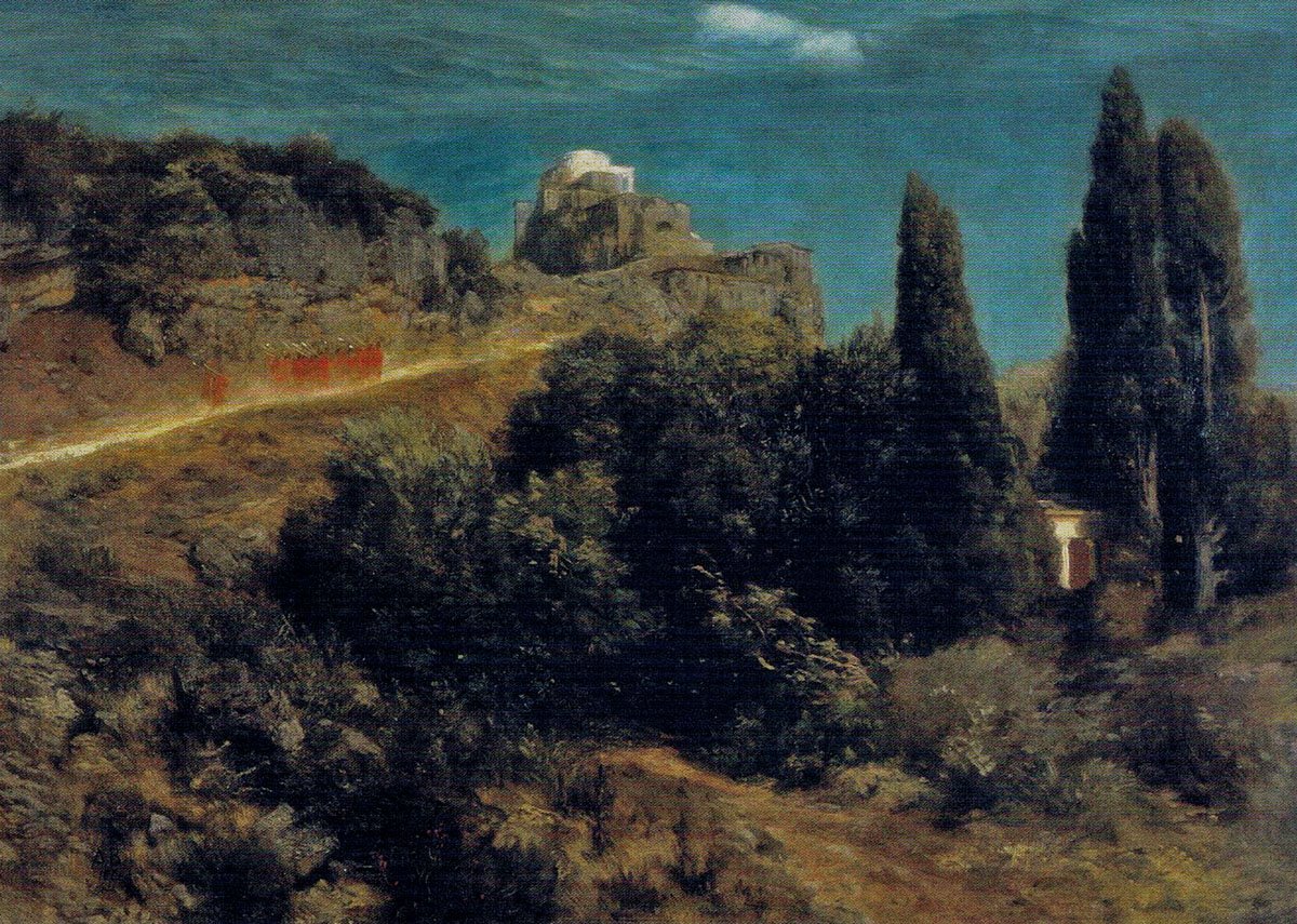 Château de montagne avec une procession de guerriers - Arnold Böcklin