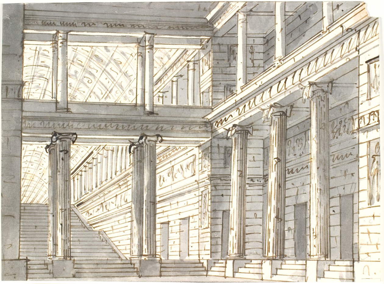 Intérieur de palais avec colonnes et escalier - Aron Wallick