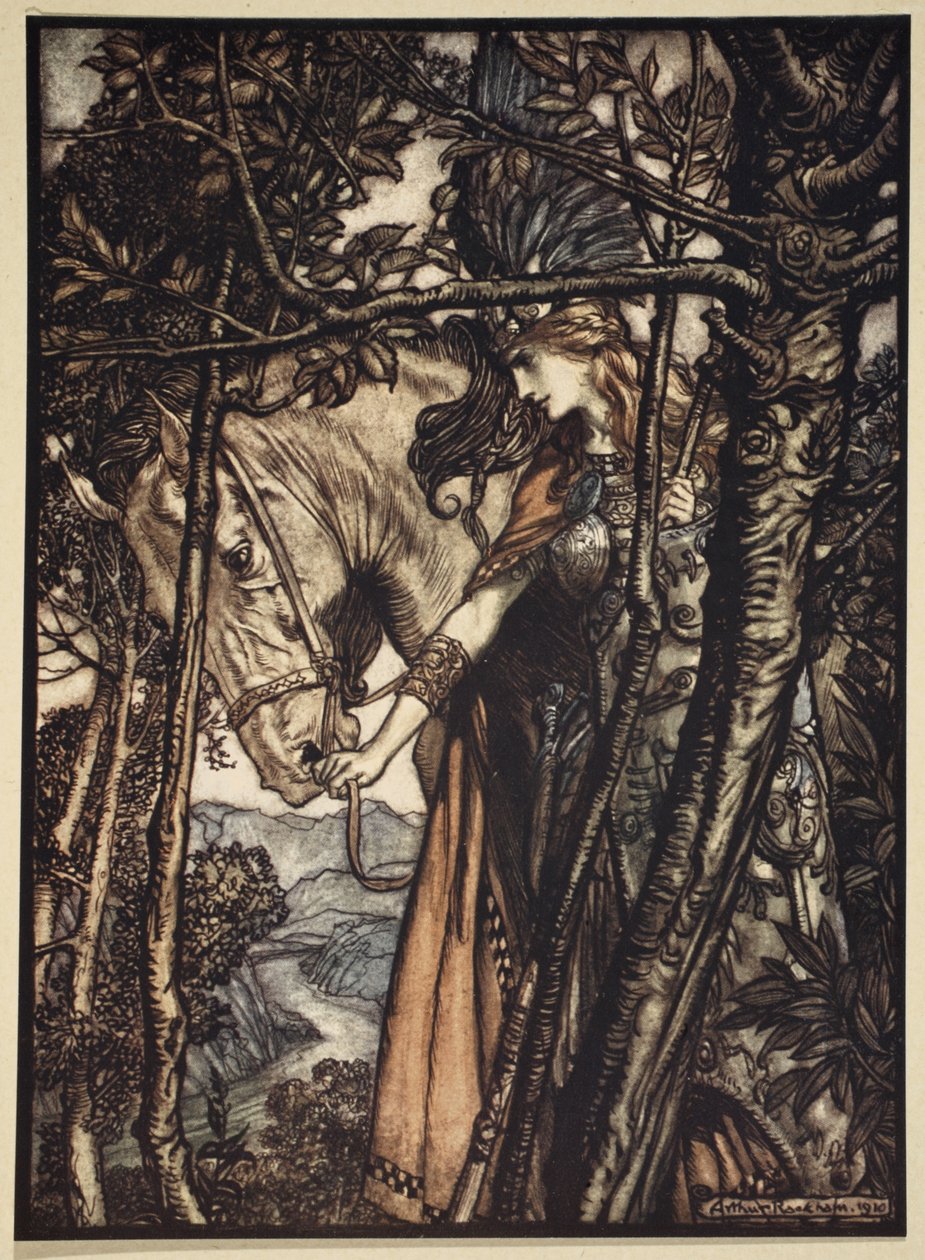 Brunnhilde conduit lentement et silencieusement son cheval vers la grotte, illustration de 