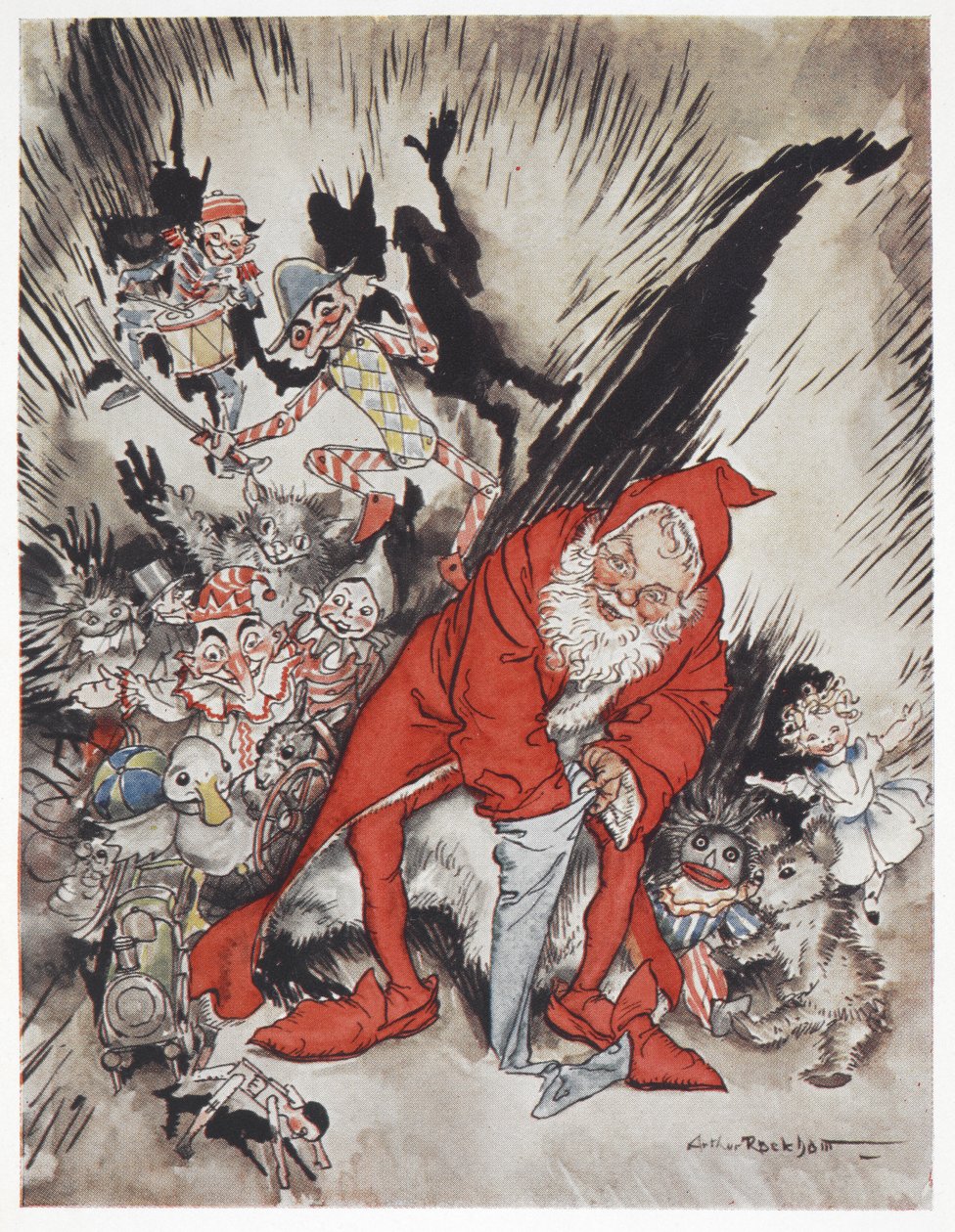 Père Noël entouré de cadeaux - Arthur Rackham