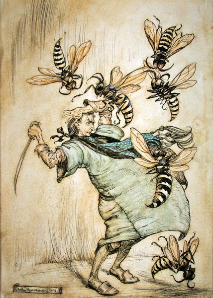 Le combat de Gulliver avec les guêpes - Arthur Rackham