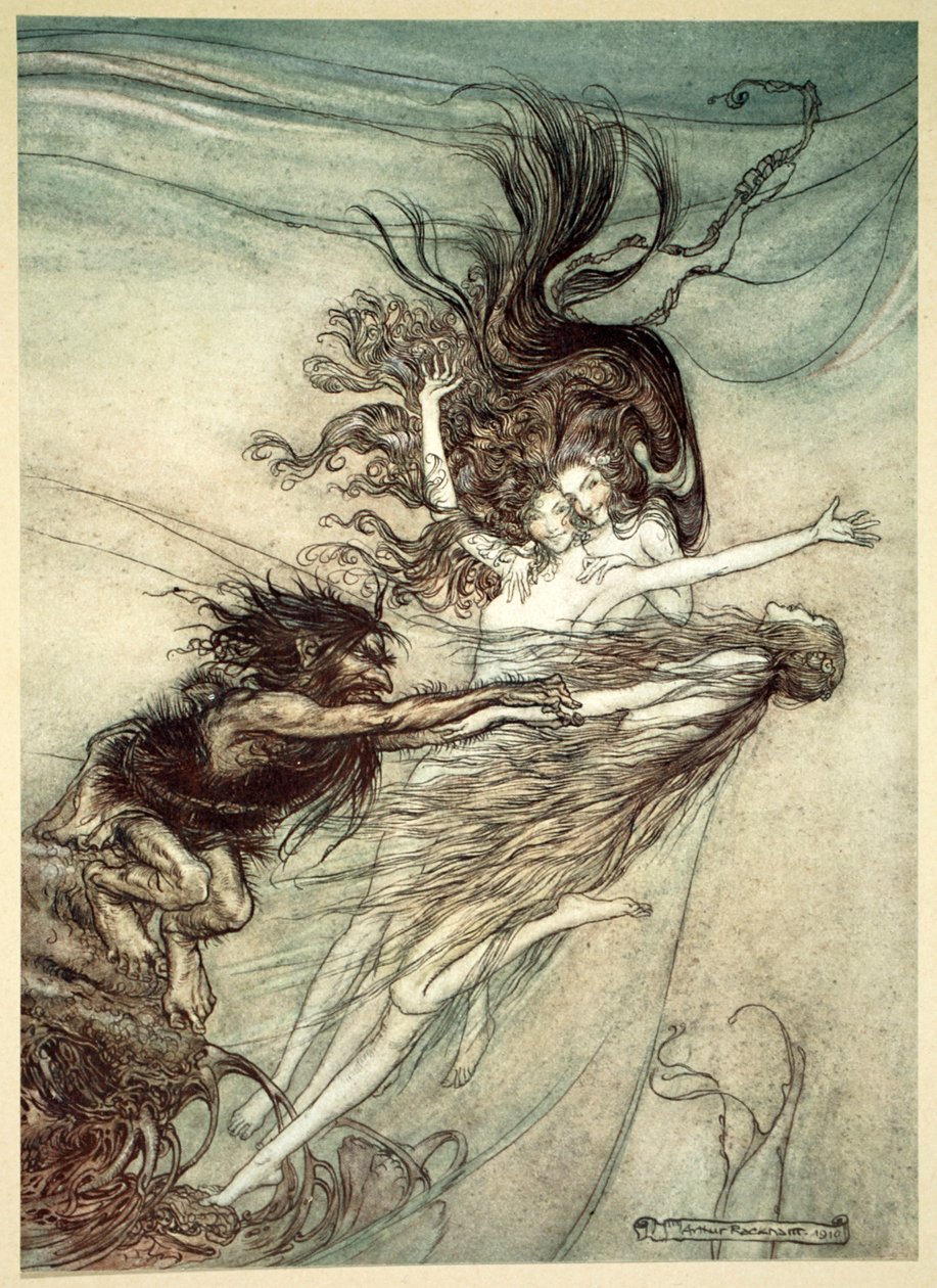 Les filles du Rhin taquinant Alberich - Arthur Rackham