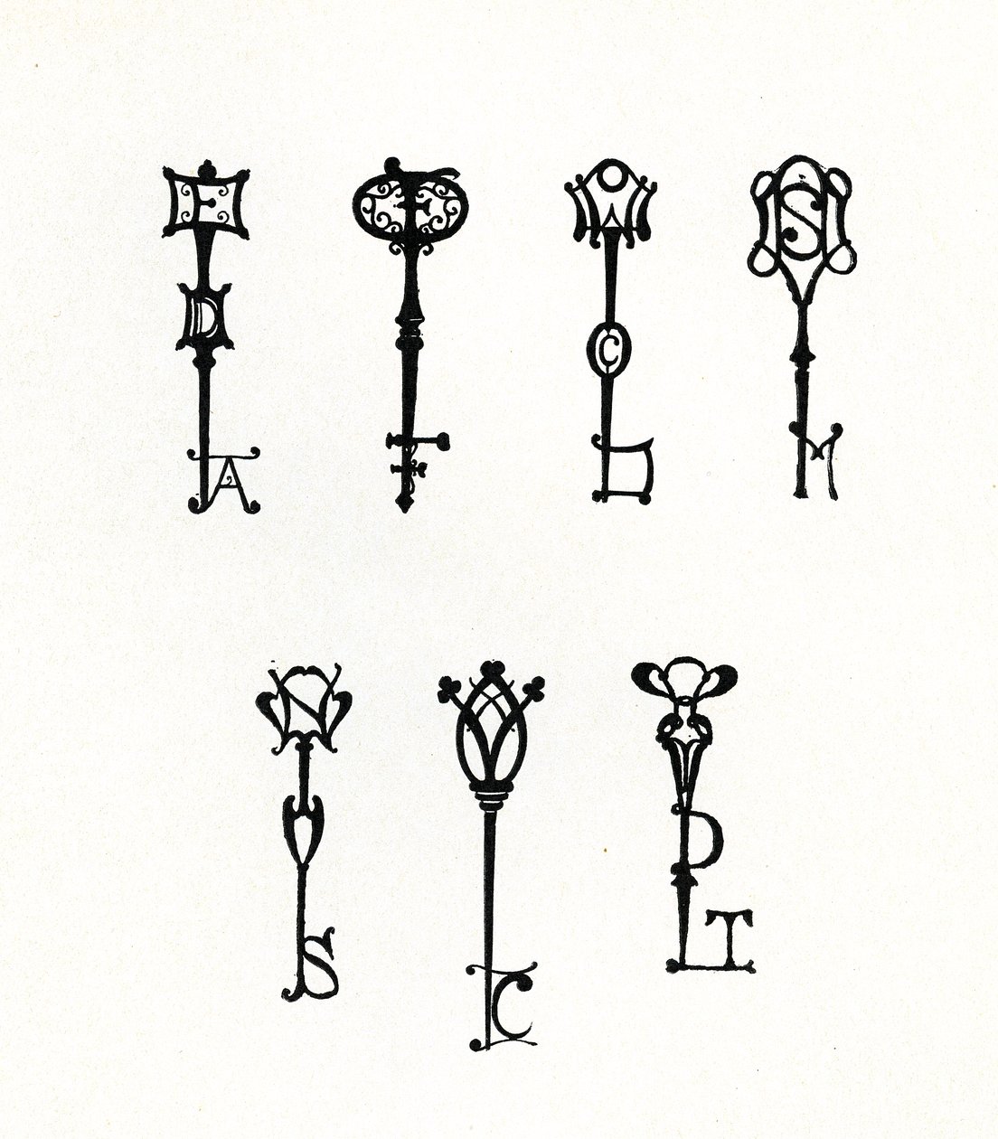 Sept dessins de clés initiales pour les couvertures arrière de la série 