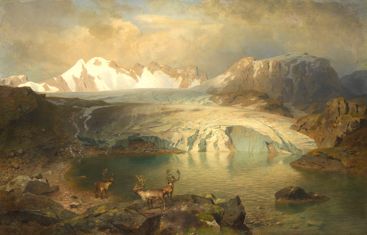 Paysage de fjord avec glacier et rennes - August Wilhelm Leu