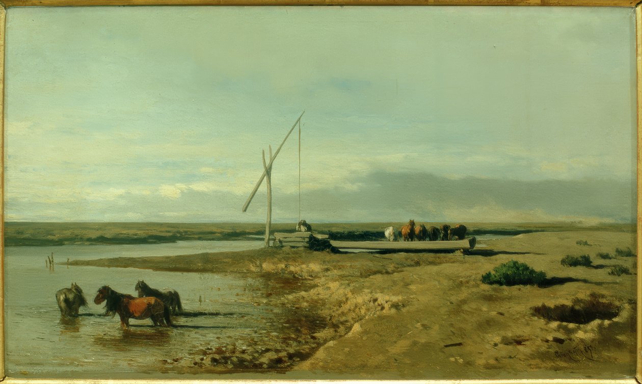 Abreuvoir pour chevaux dans la Puszta - August von Pettenkofen