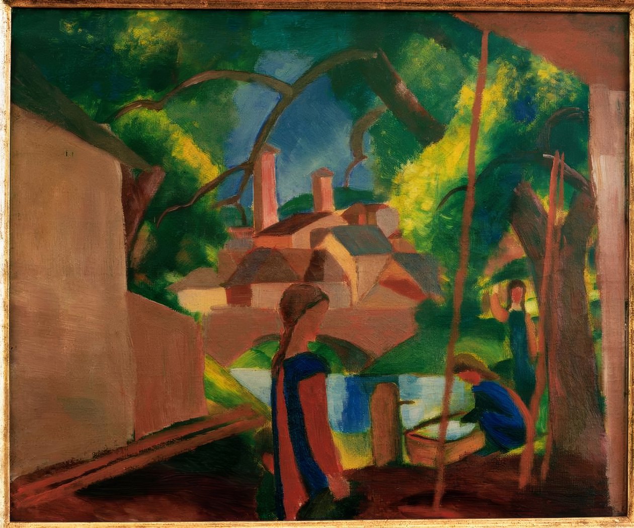 Enfants à la fontaine avec ville en arrière-plan - August Macke