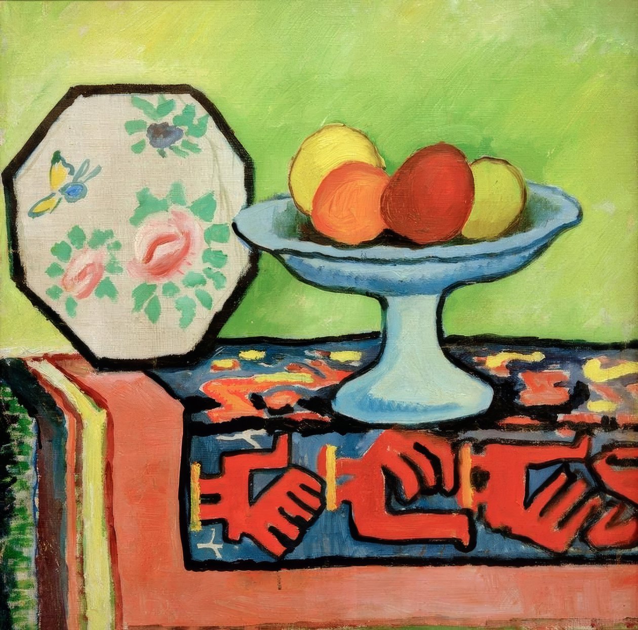 Nature morte avec bol de pommes et éventail japonais - August Macke