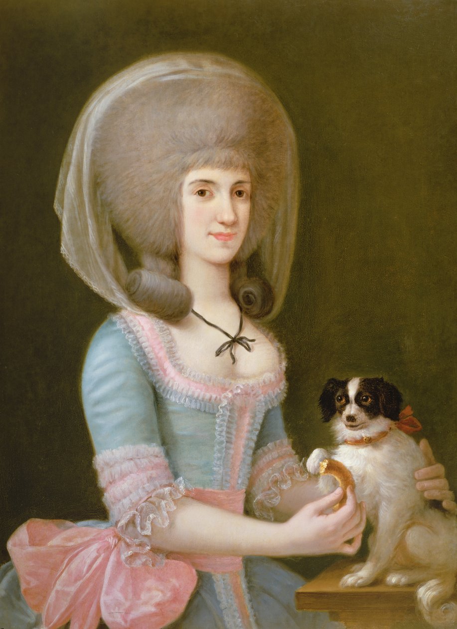 Portrait de Dona Maria Teresa Apodaca de Sisma donnant une friandise à son chien - Augustin Esteve