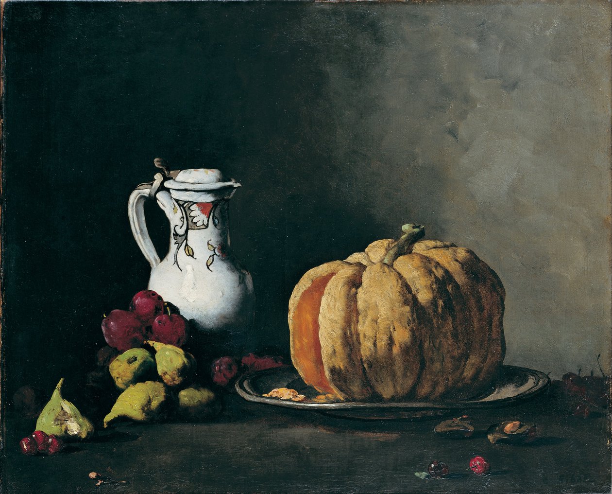 Nature morte avec citrouille, prunes, cerises, figues et cruche - Auguste Theodule Ribot