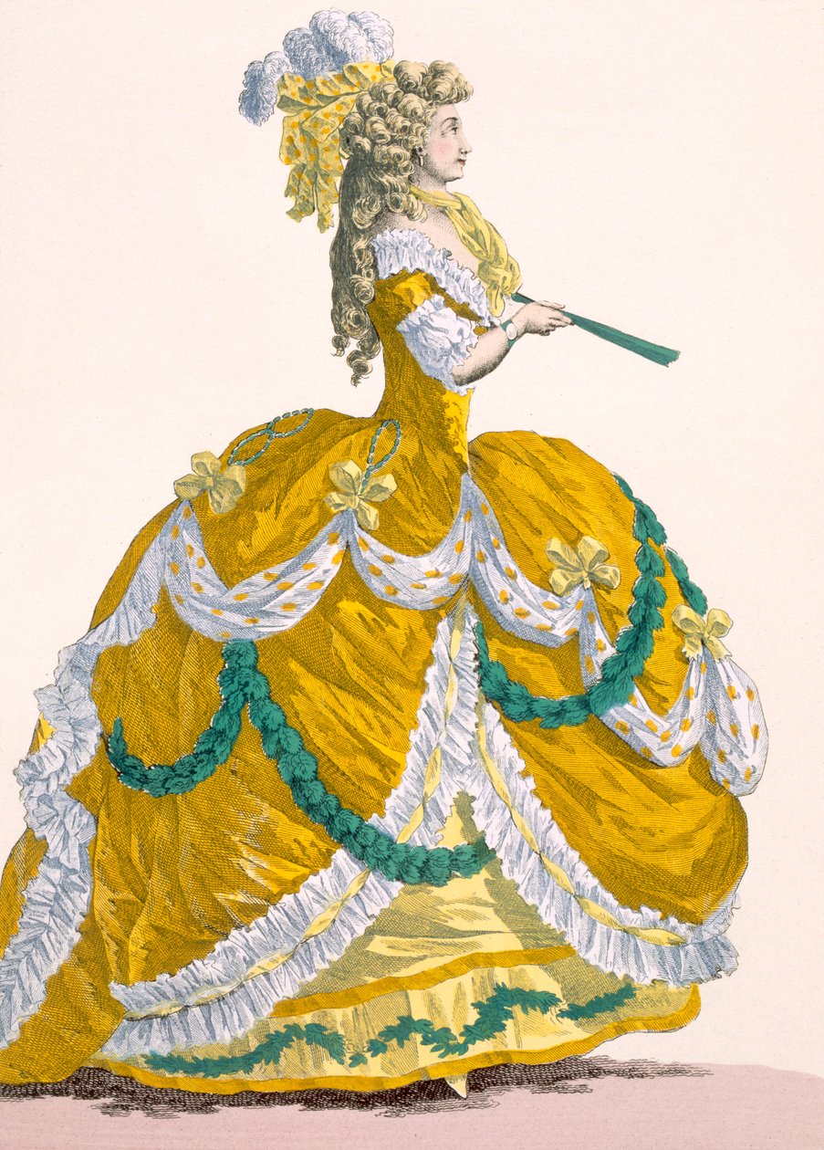 Robe de cour pour dames en soie jaune avec bordure froncée blanche et verte, gravée par Dupin, planche no.274 de 