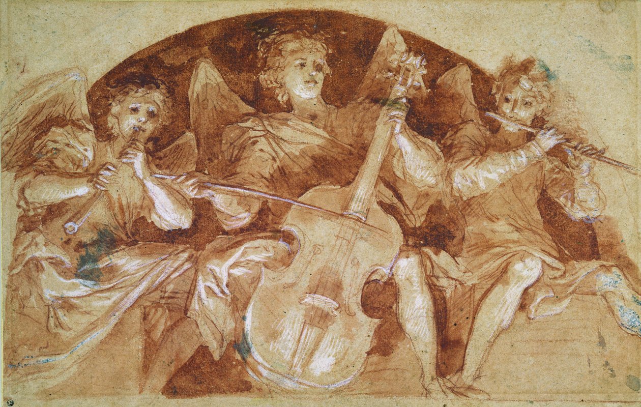 Trois musiciens anges (stylo et encre et craie rouge sur papier) - Baldassare Franceschini
