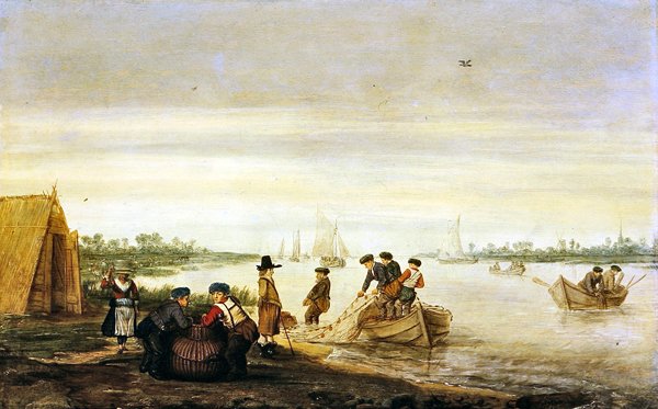 Scène fluviale avec des pêcheurs tirant des filets - Barent Avercamp