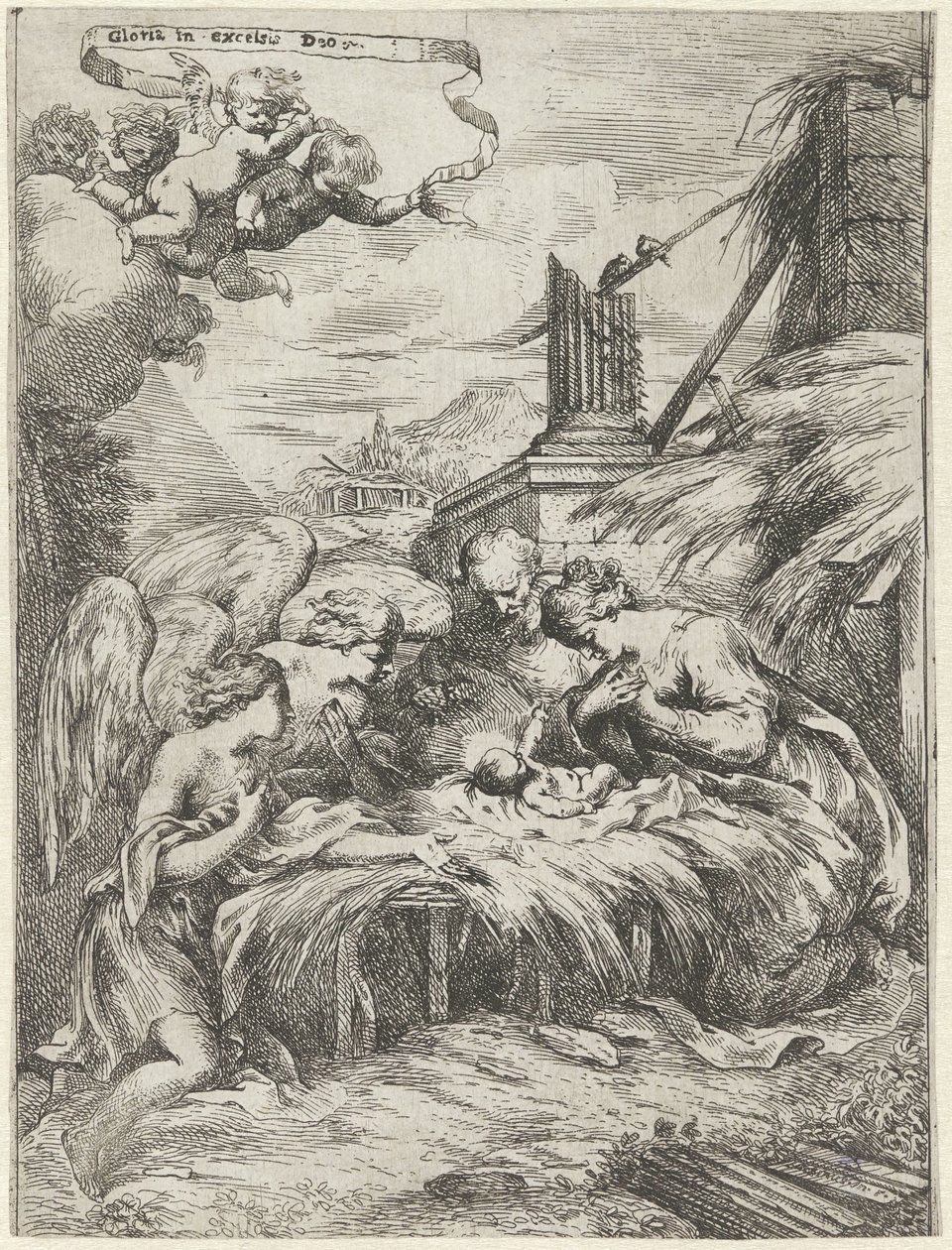 Adoration par Marie, Joseph et les anges - Bartolomeo Biscaino