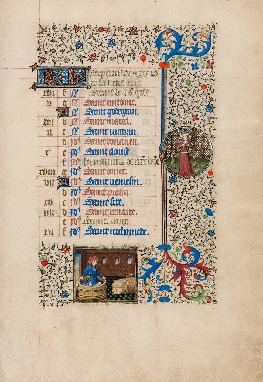 Page du calendrier de septembre ; Faire du vin ; Balance - Bedford Master