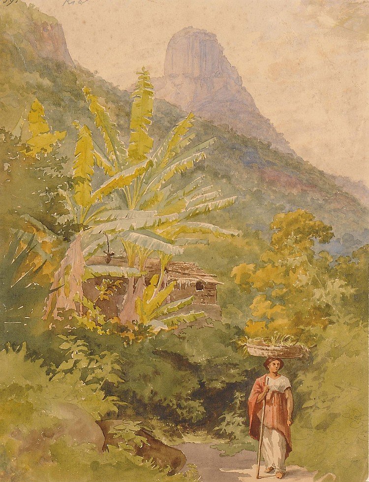 Une femme brésilienne portant un panier de fruits sur la tête, avec le Pain de Sucre en arrière-plan - Bernhard Wiegandt