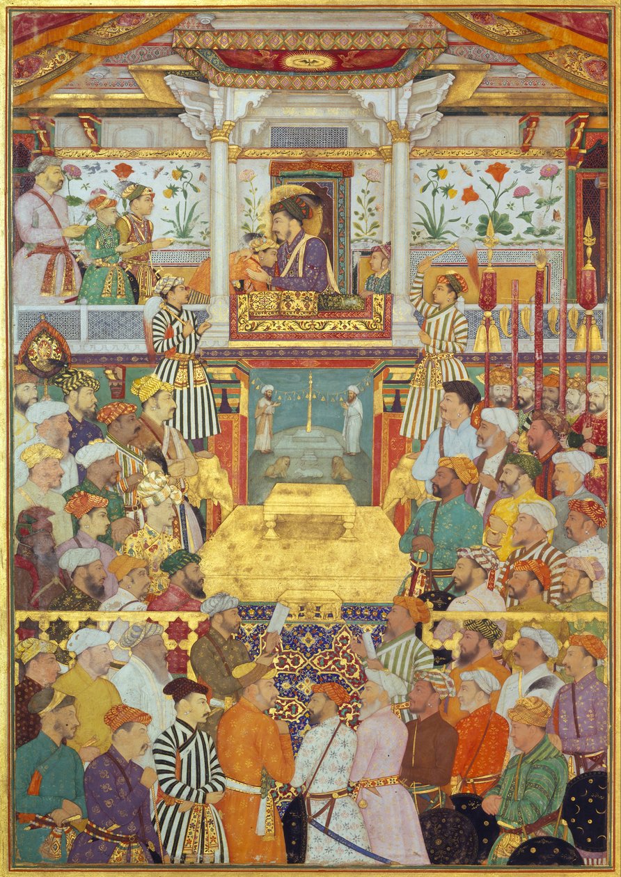 Padshahnama, planche 10 : Shah-Jahan reçoit ses trois fils aînés et Asaf Khan lors de ses cérémonies d