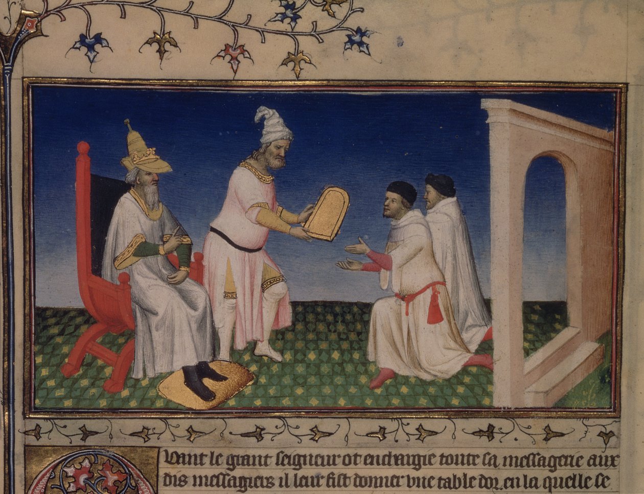 Ms Fr 2810 f.3v, Kublai Khan donnant à Nicolo et Marco Polo un sauf-conduit pour Pékin, avec son sceau d