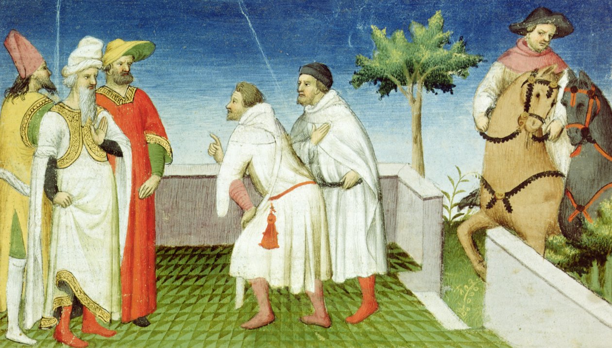 Ms Fr 2810 f.6, Nicolo, Marco et Matteo Polo prenant congé du Grand Khan, Livre des Merveilles du Monde, c.1410-12 - Boucicaut Master