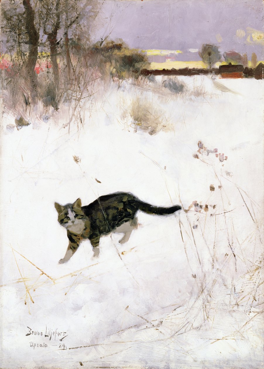 Chat Traquant sur la Neige - Bruno Andreas Liljefors