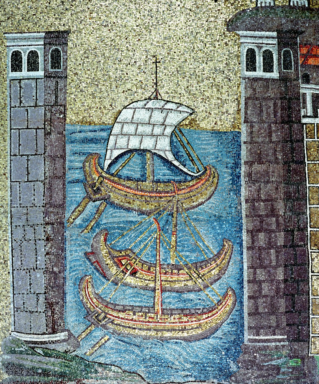 Trois navires entrant dans le port de Ravenne (détail) - Byzantine