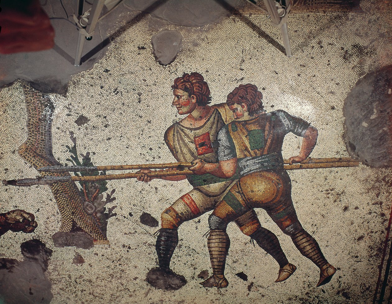 Deux hommes combattant un tigre, sol du Grand Palais Impérial, Constantinople, 5ème-6ème siècle - Byzantine