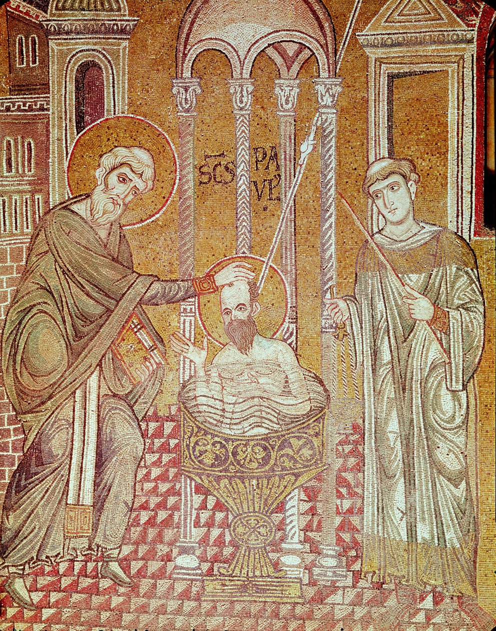 Le baptême de Saint Paul par Ananias, des Scènes de la vie de Saint Paul (mosaïque) - Byzantine School