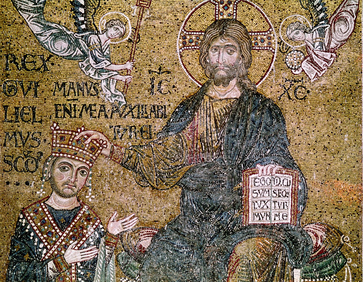 Guillaume II, Roi de Sicile recevant une couronne du Christ (mosaïque) - Byzantine School
